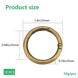 XCSJ 10 x Carabiner Round 35 mm OD 25 mm ID Very Robust Zinc Alloy Carabiner Ring Carabiner Hook Round Carabiner Ring O Ring Round Carabiner for Bag, Keys, DIY Crafts (Bronze)