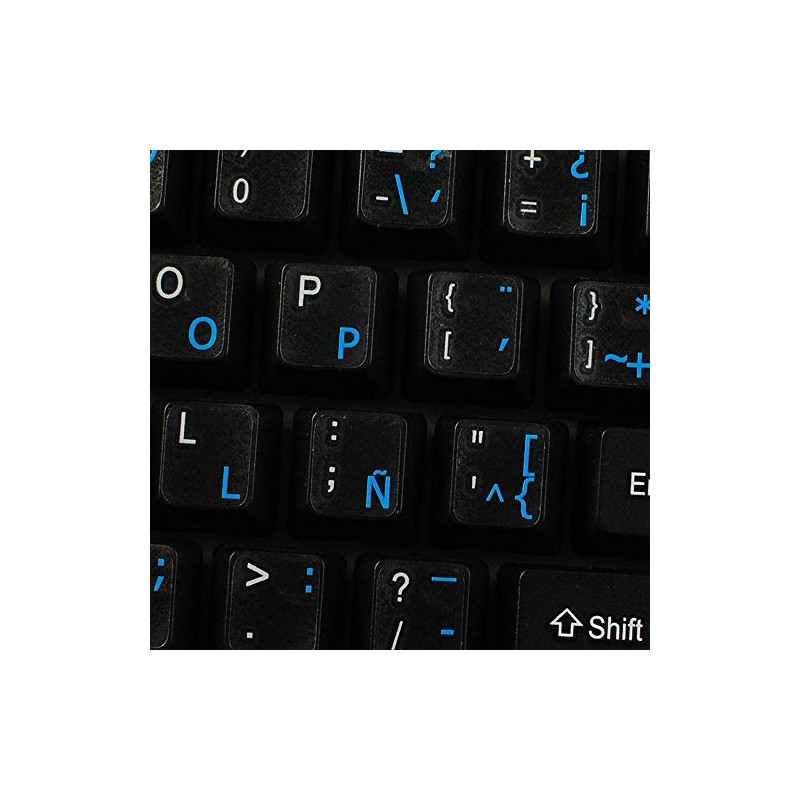 Spanish (Latin American) Keyboard Sticker with Blue Lettering Transparent Background