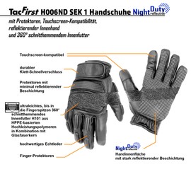 TacFirst SEK 1 NightDuty Security Gloves H006ND Retro Reflective and Cut Resistant Touchscreen Police Motorcycle Gloves (Black, S)