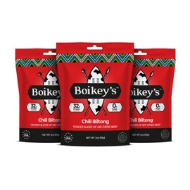 Boikeys Biltong South African Style Beef Jerky - Chili Flavor - Gluten Free - Zero Sugar Keto Friendly - 32g Protein - Premium Round Roast Beef Cuts - Naturally Cured - 2 oz (3 Pack)
