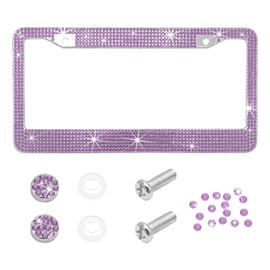 NYTKL Bling Car License Plate Frame, Handcrafted Crystal Car Tag Frame with Sparkly Screw Caps, Shiny Rhinestone Stainless Steel Licence Plate Holder Decor for Women Girls (Purple)