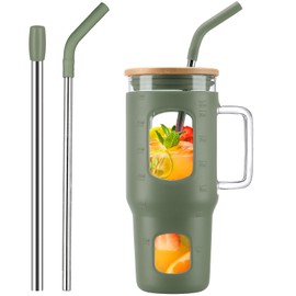 WINSA Glass Tumbler with Lid, 32 oz Glass Cup with Handle, Glass Water Bottles with Time Marker, 2 Straws - Pearl Straw & Silicone Protective Sleeve - Olive