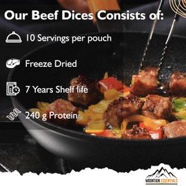 Mountain Essentials Freeze Dried Fully Cooked Beef Dices | 240 Grams Protein (24 gram per servings) High Protein Intake Ready to Eat Packed Meal | Emergency Survival Food Hunting, Camping, Backpacking Food 10 serving per Pouch