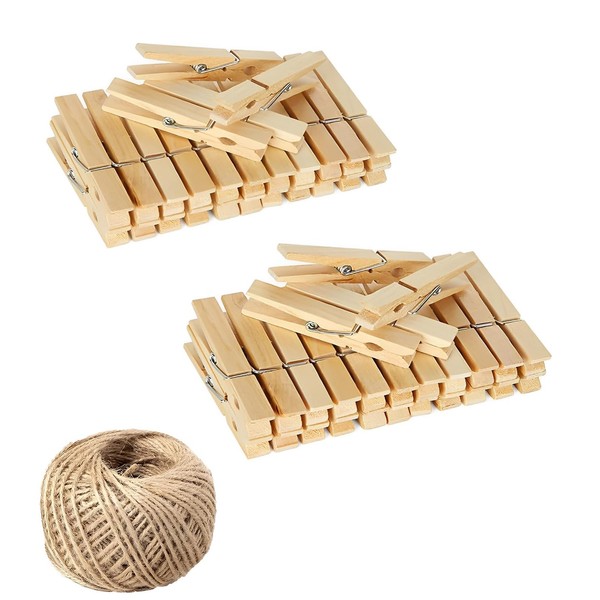 100PCS Mini Pegs, Wooden Pegs, String, Wooden Clothes Pegs, Pegs, Wooden Pegs for Washing Line with 30M Jute Twine, for Home Pictures School Arts Crafts Decor