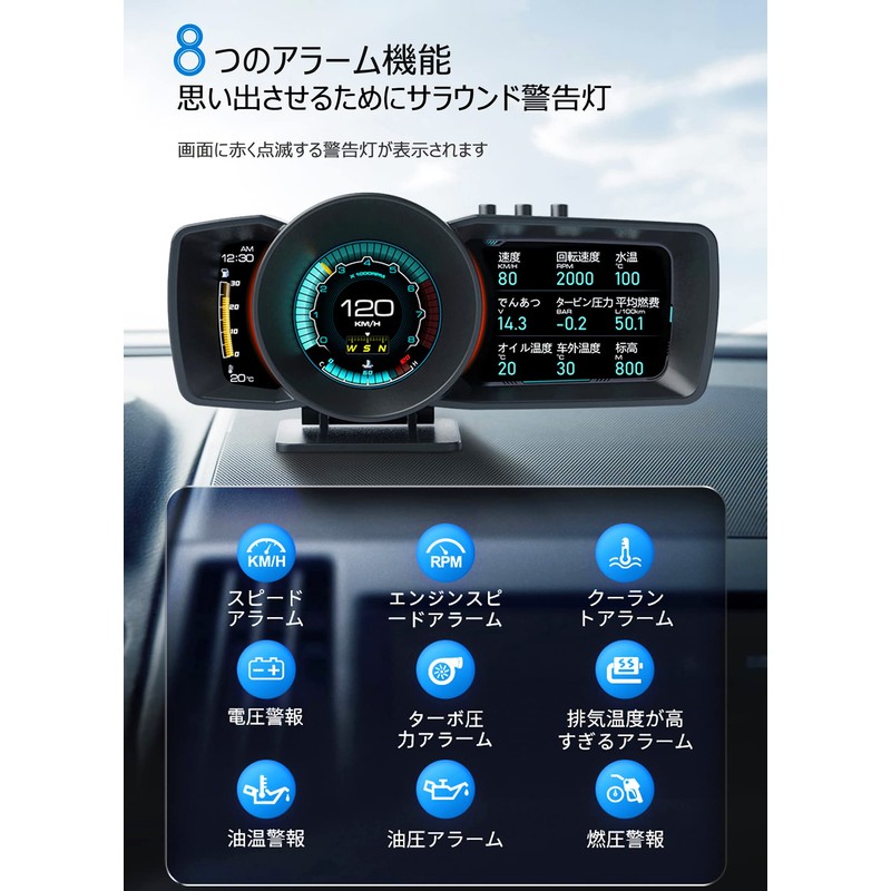 GIGC Car Head-up Display, Speedometer, Tachometer, GPS+OBD2 Mode, Super Large