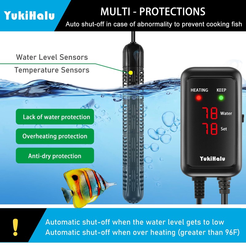 YukiHalu Aquarium Heater 50/100/200/300/500W with Protective Case, Fish Tank Heater,