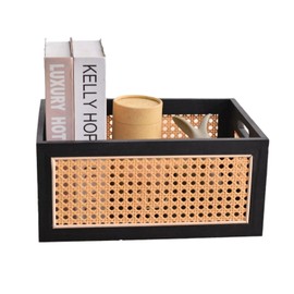 QRZLP Storage Basket, Wooden Bamboo Weaving Storage Basket Hand-Woven Desktop Storage Bins for Toys, Snacks, Office/Home Supplies, Cosmetics, etc. (L)