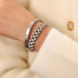 Gold Bracelets for Women Stackable Gold Bangles for Women Tennis Bracelets Bangle Cubic Zirconia 18K Gold Plated Jewelry for Gifts to Lover Girlfriend Wife Mom Sister Mother's Day Gifts Valentine Wedding Birthday (2pcs-Silver-D)