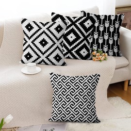 Hnmdmyi Kissenbezug Schwarz und Weiß 45x45 4er Set, Boho Kissenbezüge Modernes Geometrisches Muster Neutrale Dekorative Leinen Kissenhülle für Sofa Couch Bett Garten Outdoor Home Decor