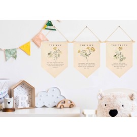 Christian Floral Flag Sign Gifts,The Way,The Truth,The Life,Bible Verse Wall Decor Gifts,Botanical Scripture-Canvas Hanging Pennant Flag Banner Wall Sign Decor Gift for Baby Boys Girls Kids-Set of 3