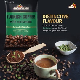Elite Turkish Coffee with Cardamom Spice | Premium Quality Ground Coffee Beans | Dark Roasted and Grind to Perfection | Robust Taste | 4 Pack (100g Per Pack)