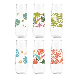 TOSSWARE POP 9oz Flute Tropical Abstract Series, SET OF 6, Premium Quality, Recyclable, Unbreakable & Crystal Clear Plastic Printed Glasses