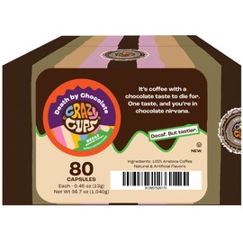 Crazy Cups Flavored Coffee Pods, Decaffeinated Death by Chocolate Coffee, Single Serve Hot or Iced Medium Roast Coffee for Keurig K Cups Machines, 80 Count