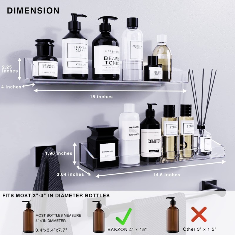 Bakzon Acrylic Shower Shelves 2 Pack, Self Adhesive No Drill