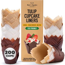 Tulip Cupcake Liners, Muffin Liners for Baking by Baker’s Signature 200pcs of Parchment Paper Cups Cupcake Wrappers – Perfect Size, Sturdy, Greaseproof & Easy to Use – Beige White Brown