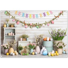 Luminora 7x5ft Fabric Spring Easter Backdrop Rustic Wooden Wall Bunny Colorful Eggs Flowers Background Kids Baby Party Decorations Photo Banner Props
