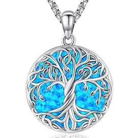 Aniu 925 Sterling Silver Tree of Life Necklace Blue Opal Celtic Pendant Natural Opal Celtic Tree Necklace For Women Men Family Tree Necklace Birthday Anniversary Christmas Gifts Jewelry