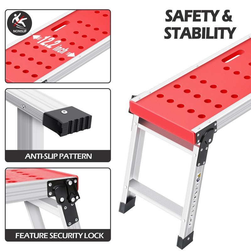 KINGRACK Folding Work Platform, Adjustable Step Ladder with Anti-Slip Feet