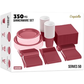 Exquisite 350 Pcs Burgundy Paper Plates For Party, Burgundy Disposable Plates Set, 50 Of Each 9" Dinner Plate Set, 7" Dessert Plate, Cups, Napkins & Cutlery Paper Dinnerware