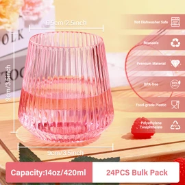 24 Pack Pink Plastic Wine Cups, 14oz Disposable Stemless Ribbed Wine Glasses, Cute Clear Unbreakable Outdoor Cocktail Glasses, Heavy Duty Reusable Plastic Drinking Cup for Party Wedding Mimosa Bar