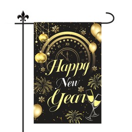 Happy New Year Garden Flag, 18x12in Double Sided Outdoor Sign with Golden Words Black Background Cheers Fireworks Pattern New Year Yard Decorations for Lawn Yard Outside Winter Holiday