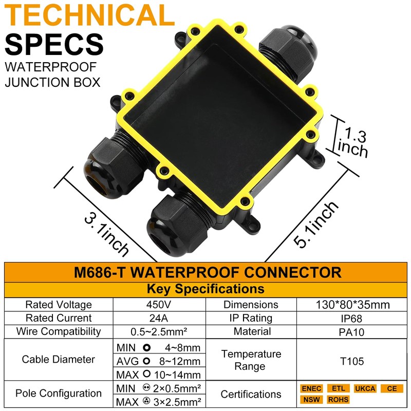 Tynoscco IP68 3Way Waterproof Junction Box Outdoor,3-Way Waterproof Splice Box