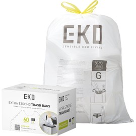 EKO 21 Gallon / 50-90 Liter, 60 Count Drawstring Trash Bags, Extra-Strong Unscented Garbage Bags, Easy-Dispense Roll for Kitchen & Household Use, Code G, White