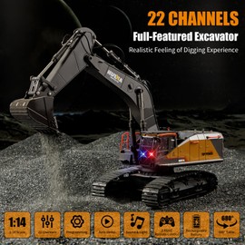 rchuinamodel RC Excavator for Adults Fully Functional 1:14 Scale 22 Channel Remote Control Toy Truck Construction Vehicle with Metal Bucket and LED Lights and Simulating Sounds