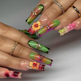 24 Pcs Press on Nails Long Square YEFIUO Green Nail Tips Acrylic Nail Kit Fake Nails Press ons Stick on Nails Full Cover Reusable Artificial False Nails Fall Flowers Charms Glue on Nails for Women