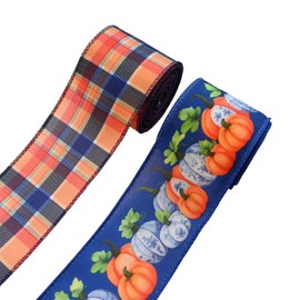 2 Rolls 10 Yards Fall Wired Ribbons for Wreath Bows Wrapping Gifts, Blue and Orange Plaid Ribbon Autumn Pumpkin Wired Ribbon for Thanksgiving Party, Home, Festival Décor DIY Crafts 2.5"