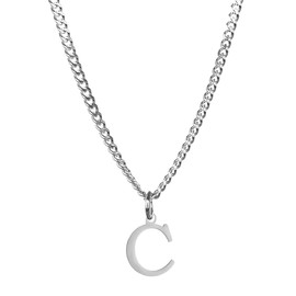 SAELACY Men’s Minimal Initial Necklace, Stainless Steel Gold Silver Tone 26 Letters Pendant Necklace for Men Women 3.5mm Cuban Chain Waterproof (C, white)