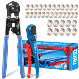 OURU 2 IN 1 Ratchet Pex Crimping Tool Cinch and Remove Combo Function Pex Pipe Crimp Tool from 3/8" to 1" Pex Crimper with Pex Cutter and Stainless Steel Pex Clamps 1/2" 25PCS,3/4" 10PCS