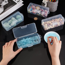 BENECREAT 4 Packs Rectangle Plastic Container Box, 16.3x6.6x4.6cm Clear Storage Organizer with Hinged Lid and Hanging Hole for Small Craft Accessories Office Supplies