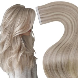 Hetto Tape in Hair Extensions Human Hair Blonde Tape Hair Extensions Real Human Hair Ash Blonde with Platinum Blonde 16 Inch 50g/20Pcs #P18/613