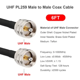 XRDS-RF PL-259 UHF CB Coax Cable 6ft, 50 ohm RG58 PL-259 UHF Male to SO-239 Male Connector Low Loss Coaxial Cable for HAM & CB Radio, Antenna Analyzer, Dummy Load, AIS Antenna, SWR Meter