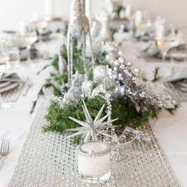 Park Avenue Table Runner, Dazzling Rectangular Glass Stones Framed with Small Rhinestones, for Formal Dining Table Décor, Events, & Weddings, Silver, 90", Sold Individually