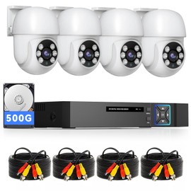 VORGUT Wired Security Camera System Outdoor, 4CH 5MP Lite AHD TVI DVR with 500GB HDD, 4×5MP PT Dome Camera, 360° View Outdoor Surveillance DVR Kit, Motion Detection, Night Vision, Remote Access