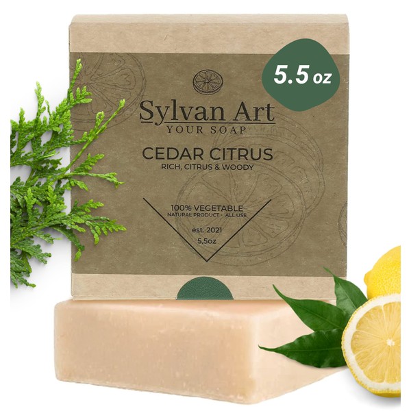 Sylvan Art Cedar Citrus Natural Scent Handmade Organic, Essential Oils Men's Soap Bar Beard Body, Face Wash Bath Nourishing Bar Soap - 5.5 Ounce