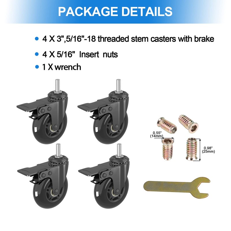 MALLLALA 3" Swivel Caster Wheels with Imperial 5/16"-18 Threaded Stem,Set
