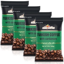 Elite Turkish Coffee with Cardamom Spice | Premium Quality Ground Coffee Beans | Dark Roasted and Grind to Perfection | Robust Taste | 4 Pack (100g Per Pack)