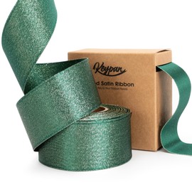 Keypan Christmas Ribbon Wired Green Satin Ribbon 1-1/2 Inch Double-Faced Gold Glitter for Christmas Tree Decoration, Wreath, Gift Wrapping, Home Decor 10 Yards