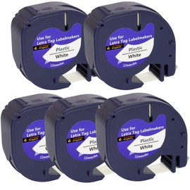 5 Compatible Dymo LetraTag 91201 / S0721610 (12mm x 4m) Black on White Plastic Label Tapes