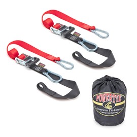 PowerTye 1.5in x 6.5ft Heavy-Duty Ratchet Tie-Downs, Made in USA with Soft-Tye and Carabiner Hooks + Storage Bag, Red/Black (pair)