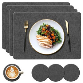 YUNJUER 4 Leather Placemats and 4 Round Coasters, Heat Resistant 100.0 C Placemats, Non-Slip and Waterproof, PU Table Mats for Kitchen Indoor Outdoor Glass Dining Table, 43 x 30 cm (Black)