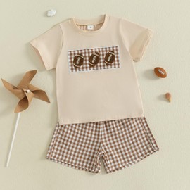 Adobabirl Toddler Baby Boy Football Outfit Rugby Embroidery Short Sleeve Tshirt with Plaid Shorts Boutique Summer Clothes (Khaki, 6-12 Months)