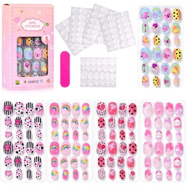 120pcs kids Stick on Nails - Kawaii Pink Fake Nails for Kids - Kids False Nails for Girls - Short Press on Nails with Stickers - Full Cover Nail Tips Butterflie,Heart,Rainbow Decoration