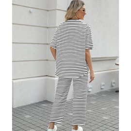 SeeLuNa Women's Two Piece Outfits 3/4 Batwing Sleeve Capelet Crew Neck Pullover Top Wide Leg Pants Lounge Set(Stripe-Black,S)