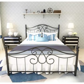 Metal Bed Frame Queen Size with Vintage Headboard and Footboard Platform Base Wrought Iron Bed Frame Black