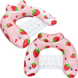 Inflatable Pool Float Chairs -Floating Pool Chair Lounge Floats for Swimming Pool Water Chair Pool Lounger with Cup Holder and Handles Pool Party Floaties for Adults (2, Pink Strawberry)