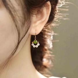 Aneneiceera Vintage Jade Pearl Dangle Earrings Gold Round Jade Earrings Small Pearl Hoop Drop Earrings Tiny Cluster Pearl Earrings Jewellery for Women and Girls, Zinc